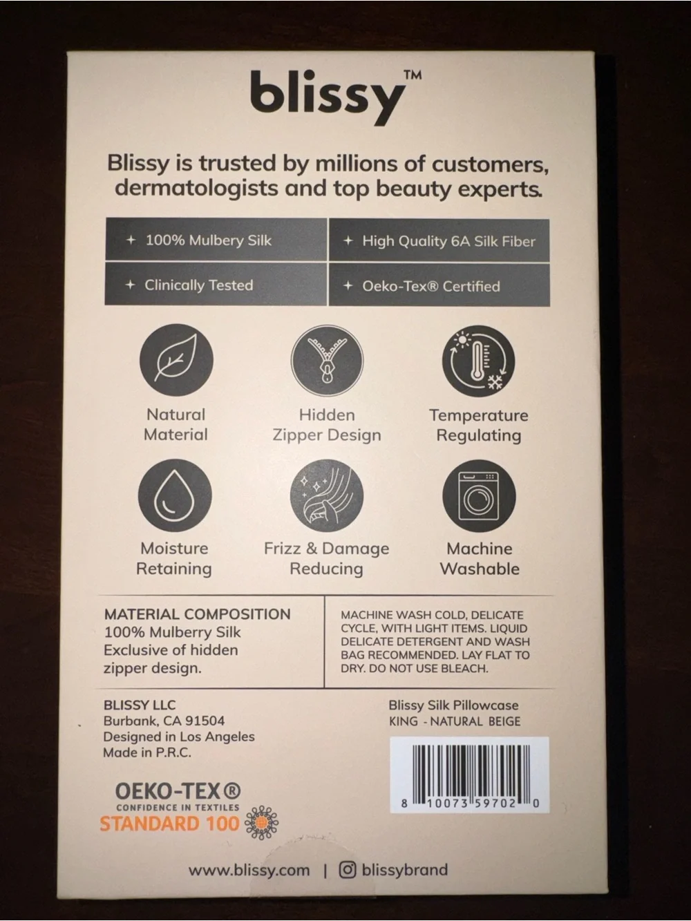 Blissy 100% Mulberry Silk Pillowcase - Natural Beige King Size